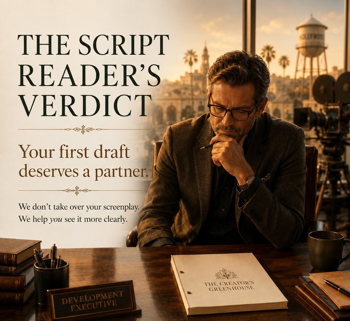A development executive sits at a dark wooden desk in warm late-day light, chin on hand, pen in fingers, a bound script marked THE CREATOR'S GREENHOUSE before him, a DEVELOPMENT EXECUTIVE nameplate, books, a coffee mug, a film camera and the Hollywood water tower beyond the window. The image carries the words: The Script Reader's Verdict. Your first draft deserves a partner. We don't take over your screenplay. We help you see it more clearly.