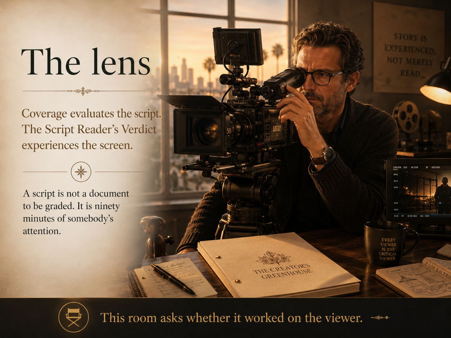 A cinematographer looks through a film camera in a warm room above a city skyline at sundown, a bound script marked THE CREATOR'S GREENHOUSE on the desk, a framed sign on the wall and a mug beside it. The image carries the words: The lens. Coverage evaluates the script. The Script Reader's Verdict experiences the screen. A script is not a document to be graded. It is ninety minutes of somebody's attention. Story is experienced, not merely read. Every viewer is the critical viewer. This room asks whether it worked on the viewer.