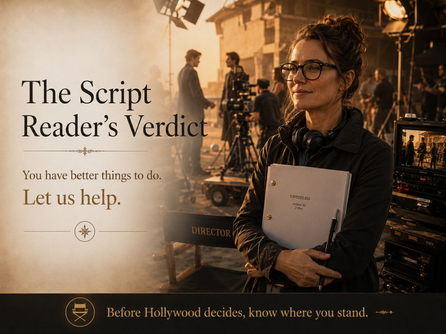 A director stands on a film set in warm late-day light holding a bound script, a camera crew working behind her and a chair marked DIRECTOR at her side. The image carries the words: The Script Reader's Verdict. You have better things to do. Let us help. Before Hollywood decides, know where you stand.